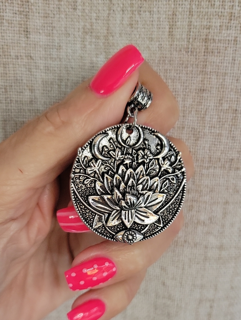 Reversible Antique Silver Lotus & Moon Phase Celestial Pendant Necklace